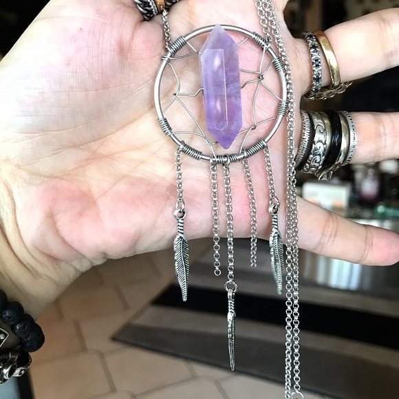 Dream catcher necklace . Genuine amethyst crystal gemstone boho wire wrap stones - Picture 2 of 8